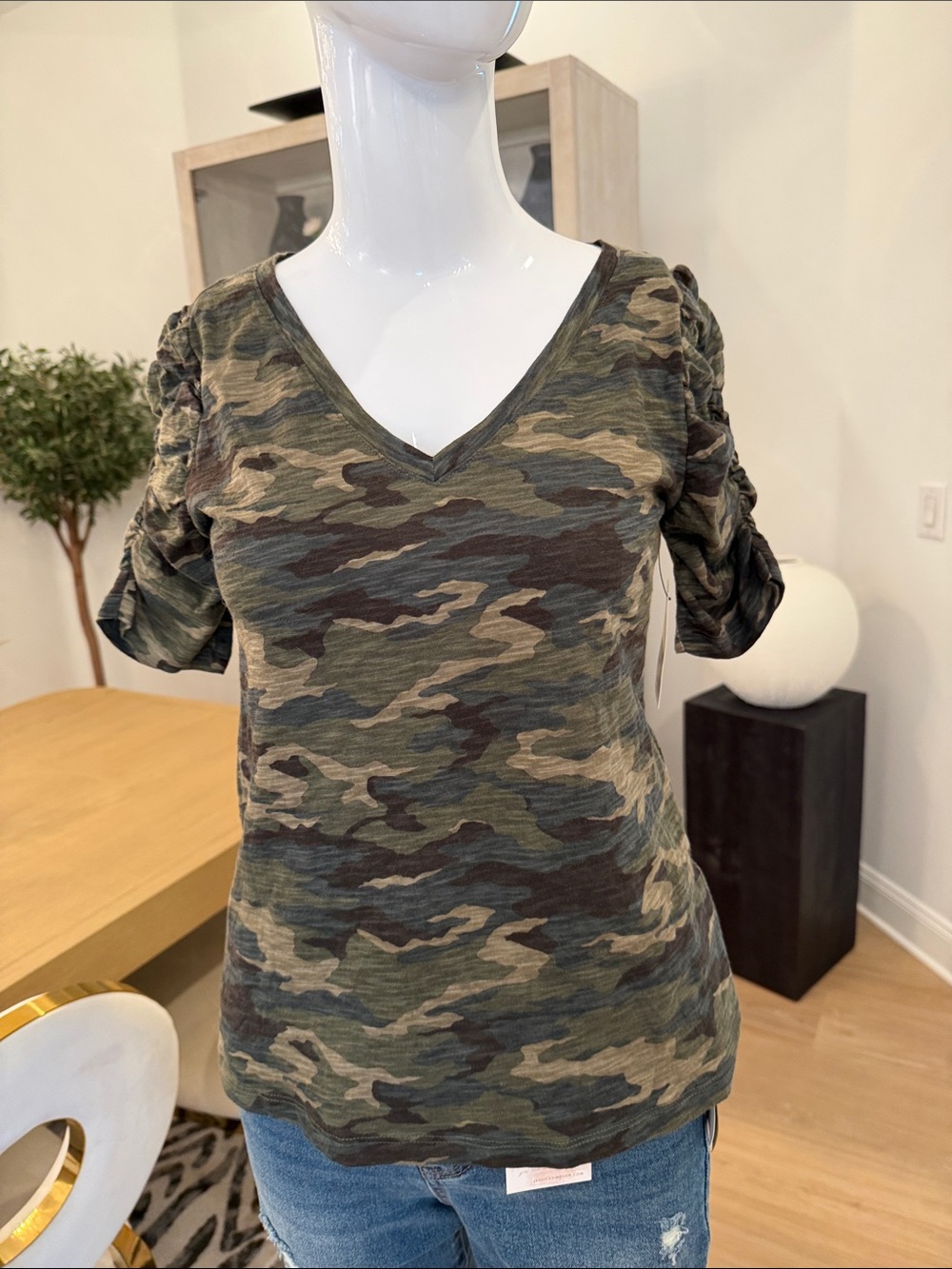 Camo V-Neck Ruched Sleeve Women's Top